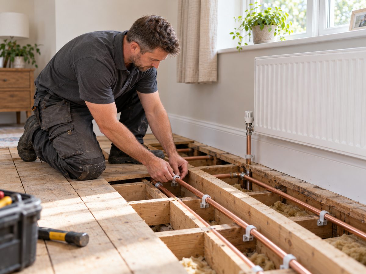 Engineer clipping new copper central heating pipework between floor joists during a full system installation
