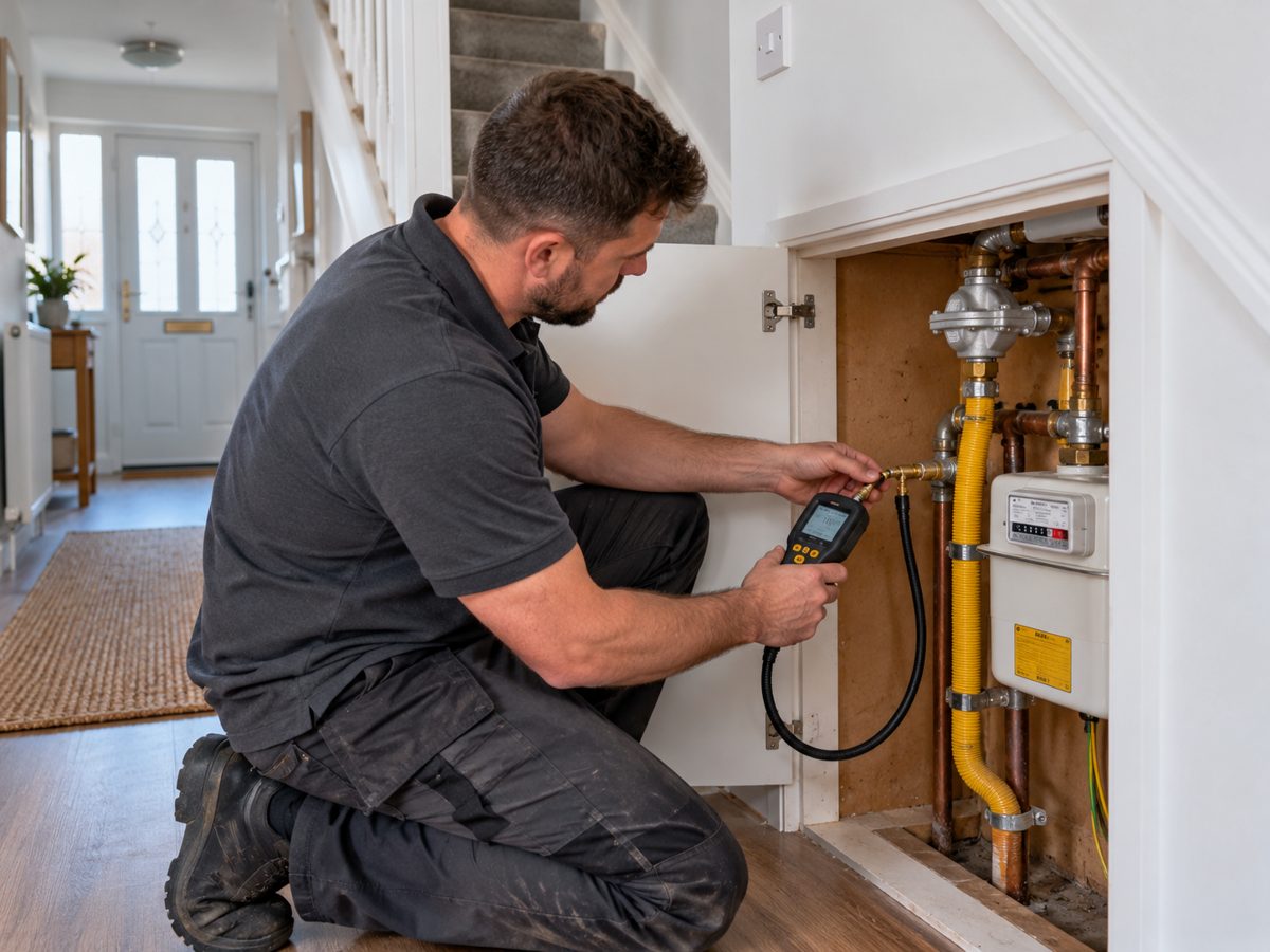 Gas Safe engineer checking gas supply pressure at the meter with a digital manometer