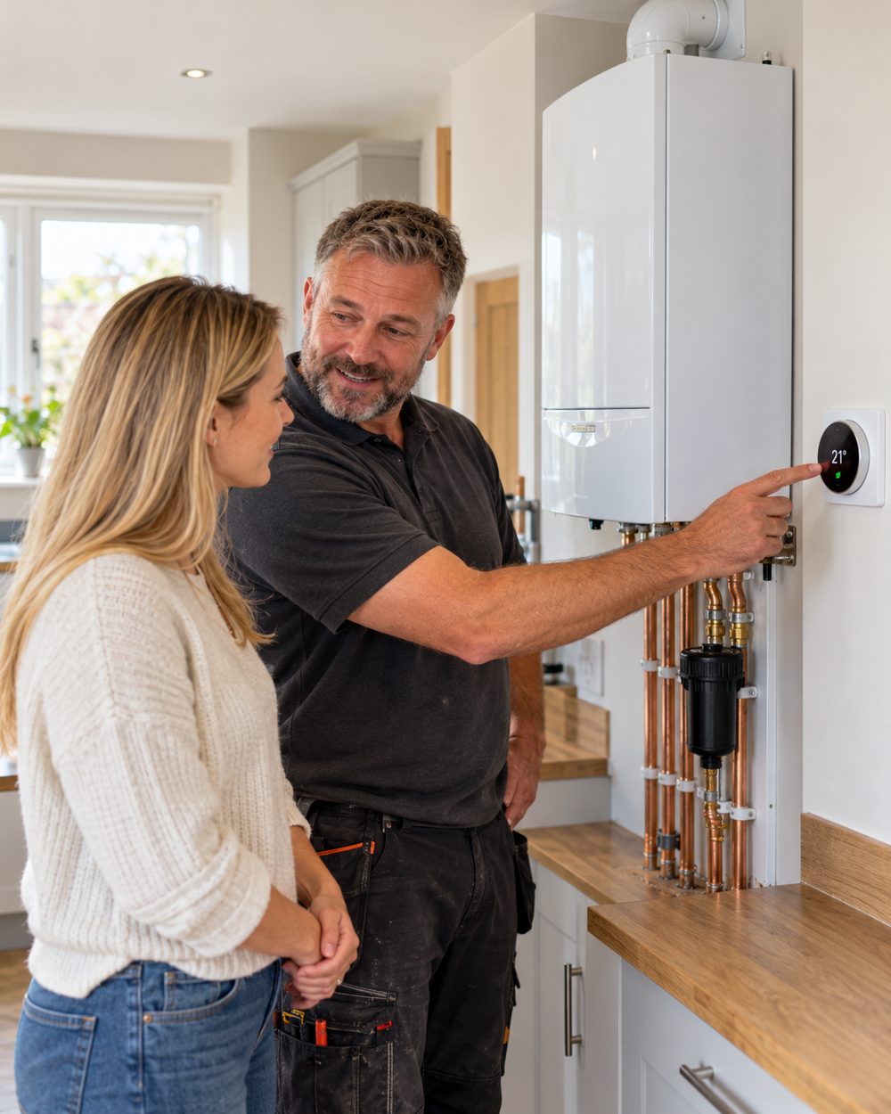 Moor PHS engineer showing a homeowner her new smart thermostat beside a freshly installed combi boiler